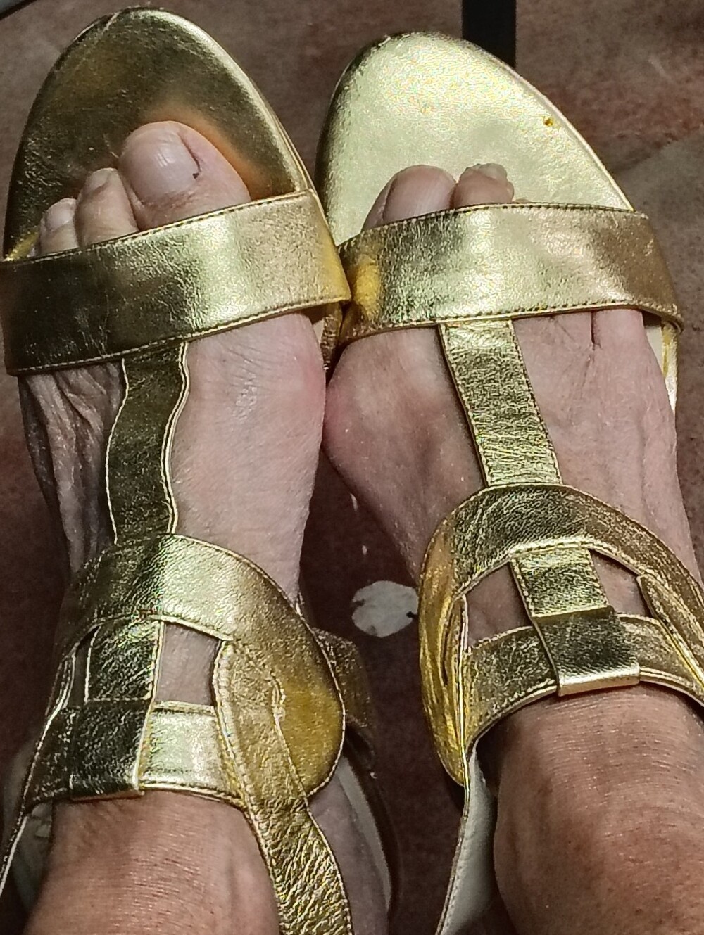 Gold Leather T-Strap Women’s Sandals } nine west